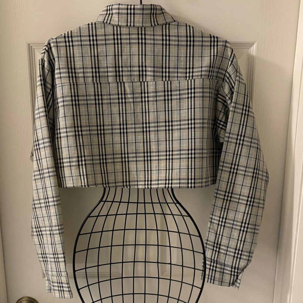 Plaid Cropped Shirt Neutral Check Boxy Button Up Y2K Grunge Aesthetic Sz S EUC - Picture 3 of 8